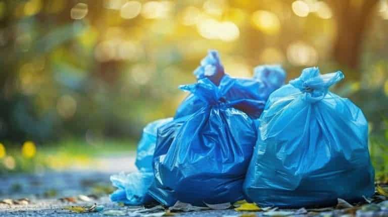 Blue garbage bags neatly placed on a sidewalk, with sunlight filtering through trees in the background