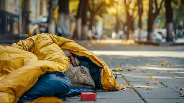 A homeless person bundled in blankets sleeps on a city sidewalk, bathed in soft morning light, capturing urban hardship and vulnerability