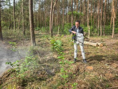 Wethouder Cornelissen strooit steenmeel als officiële afronding van het project in Putten