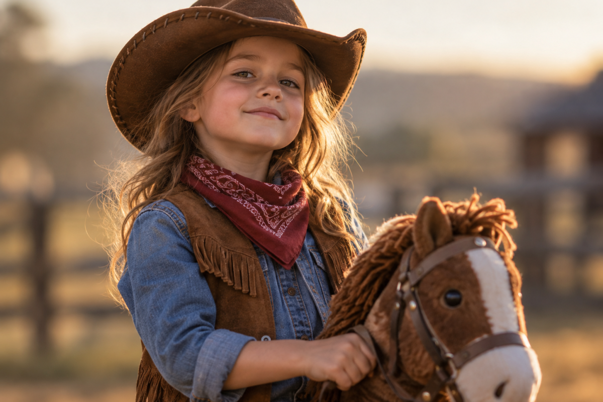 Zelfverzekerde jonge cowgirl met stokpaard