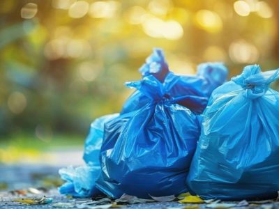 Blue garbage bags neatly placed on a sidewalk, with sunlight filtering through trees in the background.
