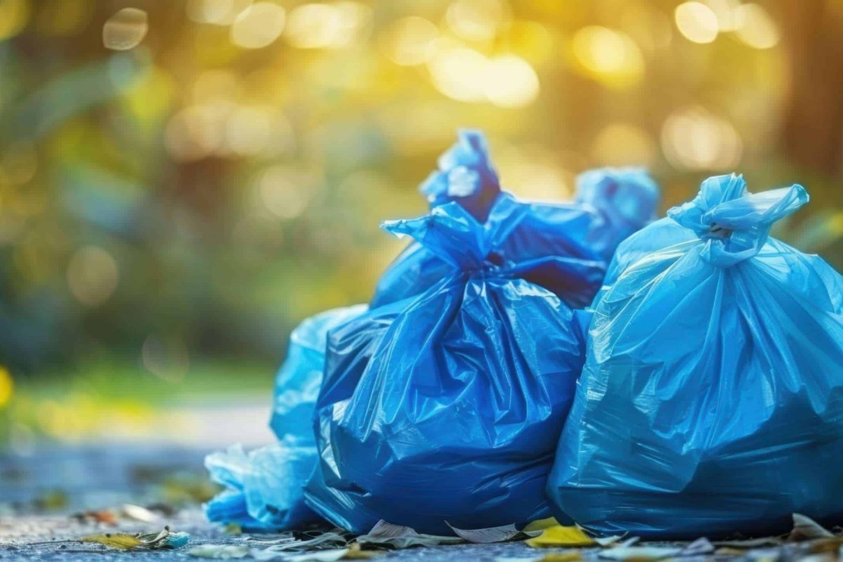 Blue garbage bags neatly placed on a sidewalk, with sunlight filtering through trees in the background.