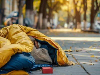 A homeless person bundled in blankets sleeps on a city sidewalk, bathed in soft morning light, capturing urban hardship and vulnerability.