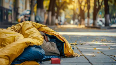 A homeless person bundled in blankets sleeps on a city sidewalk, bathed in soft morning light, capturing urban hardship and vulnerability.