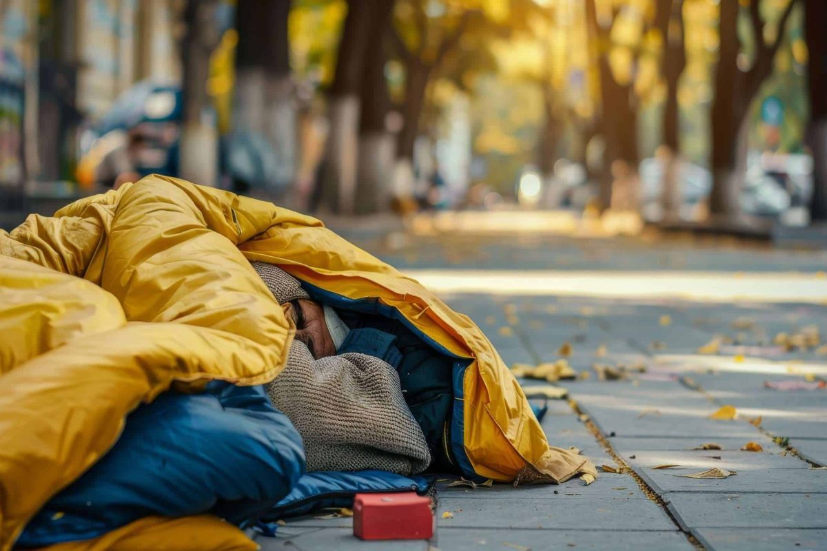 A homeless person bundled in blankets sleeps on a city sidewalk, bathed in soft morning light, capturing urban hardship and vulnerability.