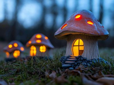 A magical forest with tiny gnome houses made of hollowed-out trees and glowing windows, nestled among giant mushrooms