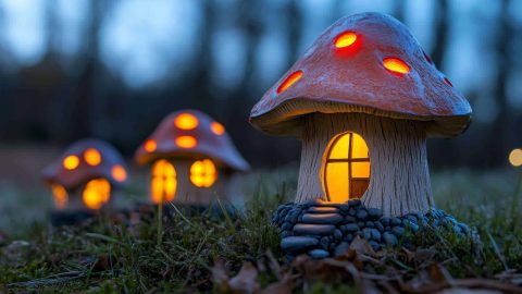 A magical forest with tiny gnome houses made of hollowed-out trees and glowing windows, nestled among giant mushrooms