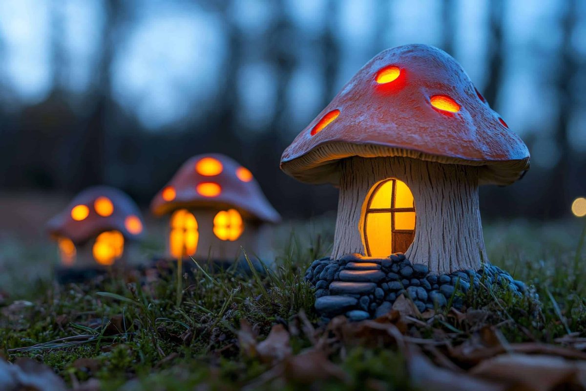 A magical forest with tiny gnome houses made of hollowed-out trees and glowing windows, nestled among giant mushrooms