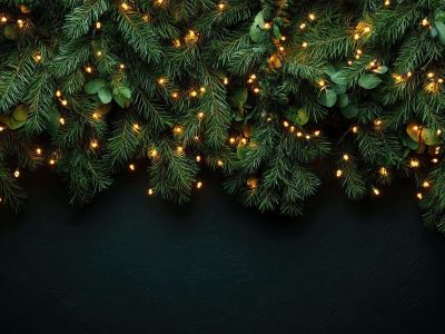 A close-up view of evergreen branches adorned with glowing lights, set against a dark backdrop, perfect for holiday-themed designs.