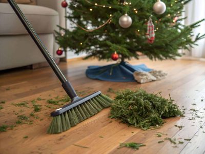 A broom sweeping fallen Christmas tree needles on a wooden floor. A decorated Christmas tree and cozy living space create a festive indoor atmosphere.