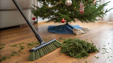 A broom sweeping fallen Christmas tree needles on a wooden floor. A decorated Christmas tree and cozy living space create a festive indoor atmosphere.