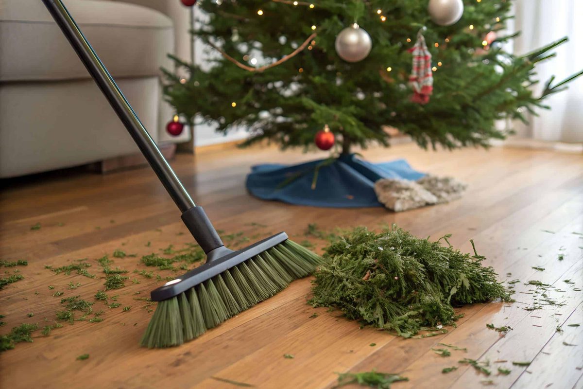 A broom sweeping fallen Christmas tree needles on a wooden floor. A decorated Christmas tree and cozy living space create a festive indoor atmosphere.