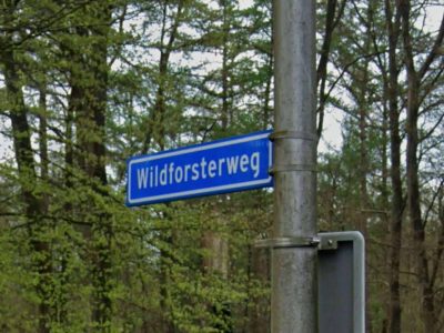 Wildforsterweg straatbord in Putten omgeven door bomen.