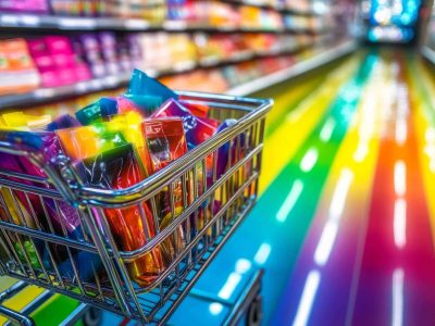 Overflowing shopping cart of colorful snacks in a supermarket aisle, tempting shoppers with vibrant contents amid a bustling background