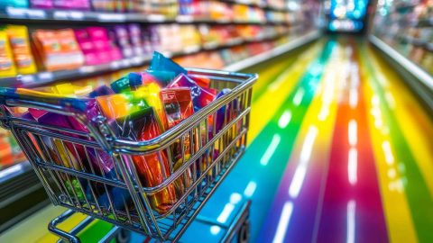 Overflowing shopping cart of colorful snacks in a supermarket aisle, tempting shoppers with vibrant contents amid a bustling background