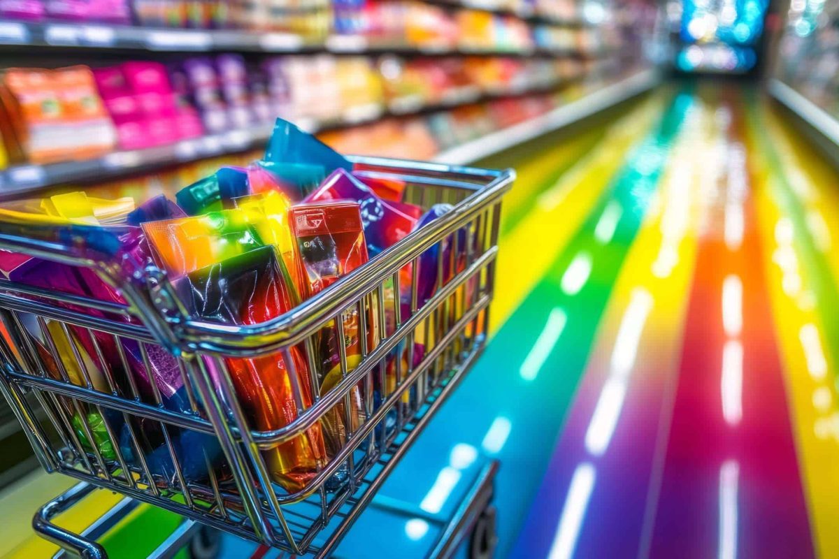Overflowing shopping cart of colorful snacks in a supermarket aisle, tempting shoppers with vibrant contents amid a bustling background