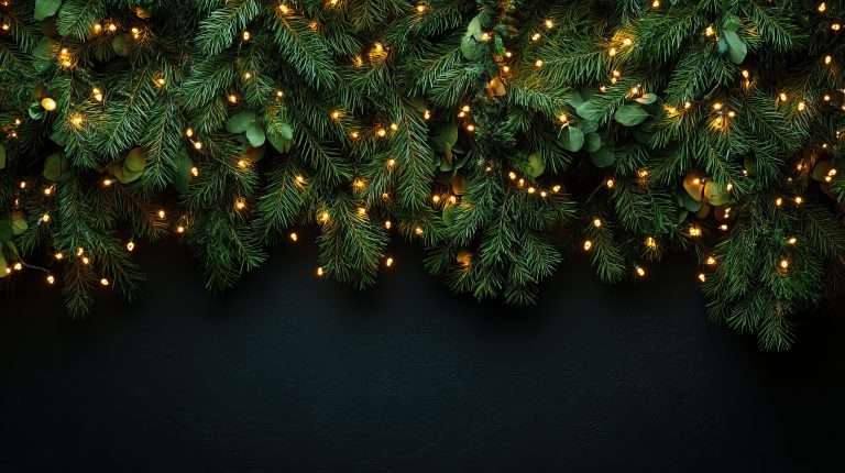 A close-up view of evergreen branches adorned with glowing lights, set against a dark backdrop, perfect for holiday-themed designs