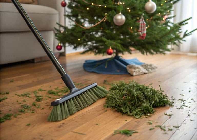 A broom sweeping fallen Christmas tree needles on a wooden floor. A decorated Christmas tree and cozy living space create a festive indoor atmosphere